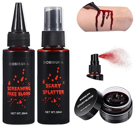 BOBISUKA Halloween Set de Faux Sang: 1 Plasma Coagulé, 1 Spray de Faux Sang, 1 Faux Sang, Réaliste, Lavable, Sûr, Fake Blood pour Carnaval, Film, Théâpre, Farces, Blessures Simulées