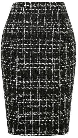 Kinghua Damen-Bleistiftrock aus Wolle, kariert, für Herbst und Winter, hohe Taille, Schlitz, figurbetont, Knielang, Midirock, Tweed Schwarz, Groß