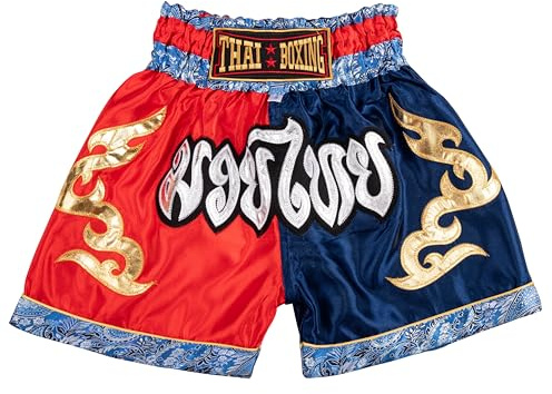 MUAY NATION Muay Thai Shorts für Kinder (2 Jahre - 12 Jahre) Mädchen Jungen Boxhosen für Kickboxen MMA Kampfsport (DE/NL/SE/PL, Alter, 9 Jahre, 12 Jahre, Regular, Blau/Rot)