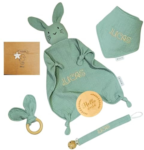 BALÚ Cesta Bebé Recién Nacido (5 Piezas): Dudu Bebé Personalizado Muselina + Babero Bandana + Mordedor + Chupetero + Tarjeta Madera Bienvenida | Canastilla Bebe Personalizada | Regalo Original Bebés