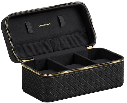 SONGMICS HOME Collezione RONNE - Porta Orologi da Viaggio, Scatola per 3 Orologi, PU con Intrecciatura Goffrata, 10 x 20 x 9 cm, Regalo, Esterno Nero Inchiostro, Interno Nero Inchiostro JWB017B01