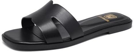 FW FRAN WILLOR Women's Flat Sandals Dressy Comfortable Slide Sandals Fashion Square Open Toe Slip On Beach Sandals for Summer