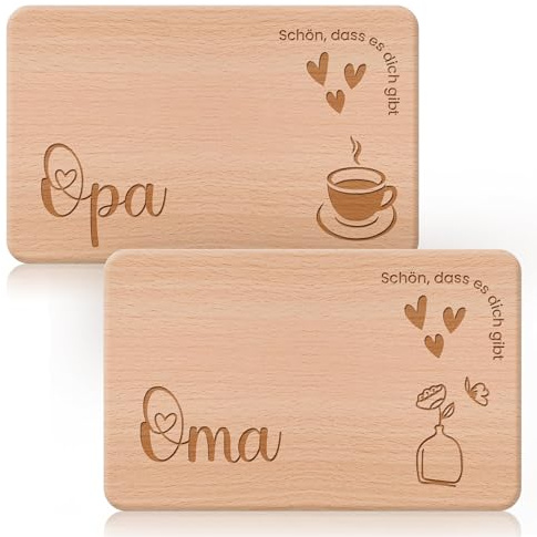 2er Set Frühstücksbrettchen für Oma und Opa, Brotzeitbrett mit Gravur aus Buchenholz, Geschenk zu Muttertag und Vatertag, Herz-Design