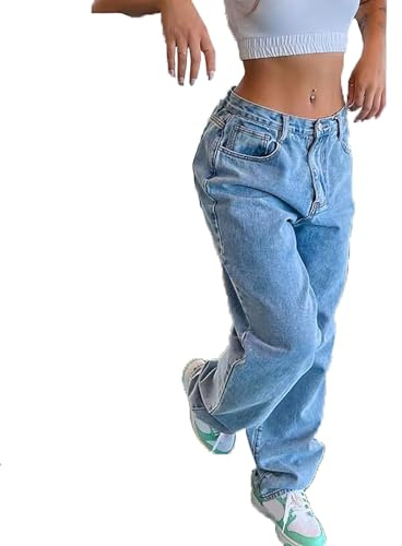 Sawmew Jean Baggy pour Femme Y2K Pantalon Cargo en Denim Ample Taille Basse Décontracté Jambe Large Pantalon en Jean Boyfriend avec Poches Jambe Droite Jean Ample Bleu Noir(Blue,XL)
