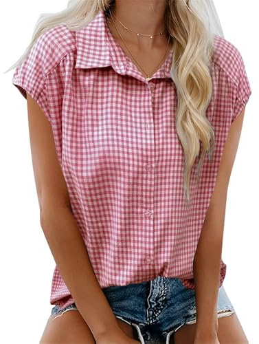 EFFAN Blusa de algodón para mujer, de manga casquillo, cuello en V, para verano, con botones, holgada, para el trabajo, Reino Unido 2025, Cuadros rojos y blancos, XL