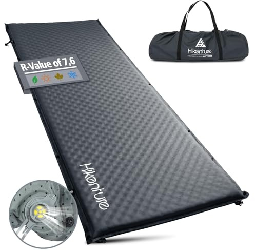 HIKENTURE Self Inflating Sleeping Pad, Extra Thick Camping Mattress with Carrying Bag, 9.5 R-Value Insulated Foam Sleeping Mat for 4 Seasons, Portable Camping Mat for Camping Travel Tent(Grey,5cm)