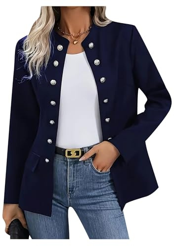 OMZIN Mujeres Botón De Manga Larga Militar Blazer Trabajo Oficina Negocio Chaquetas Abrigo Azul Marino L
