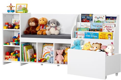 VEVOR Kids Reading Nook, Wooden Storage Bench with Backrest, Kids Bookshelf & Toy Organizer, Large Toy Box Chest for Playroom, Living Room or Entryway, Easy Assembly, 66.9 x 15.8 x 31.5 in, White