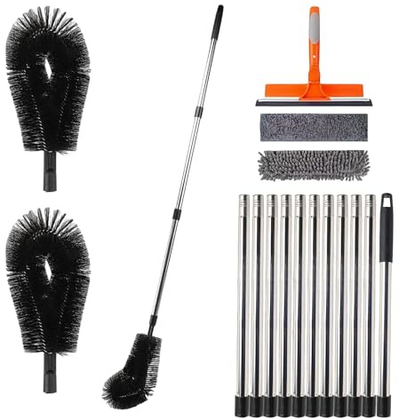 4m Window Squeegee Cleaning Kit – 11-Section Connectable Pole with Silicone Squeegee, Window Washer & Gutter Cleaning Brush for High Windows, Solar Panels, Glass, Roofs & Gutters