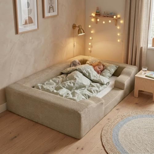 Wonder Space Lit de sol en mousse pour tout-petits – Cadre de transition doux du berceau au lit avec housse amovible et lavable en velours côtelé, base de lit en mousse à mémoire de forme pour enfants
