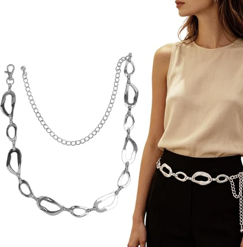Kedjebälte för kvinnor, fina dekorativa metallsmycken - tjockt kedjebälte - för sommarklänningar, strandkläder, festivaler, jeans, konserter, kjolar, byxor, , Silver, Consulte la descripción