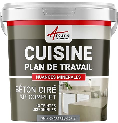 Béton ciré cuisine, plan de travail, crédence, évier, sol et mur, revêtement mural décoratif, kit complet - 5 m² (en 2 couches) Chartreux - Gris - ARCANE INDUSTRIES