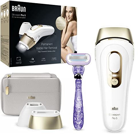 Braun IPL Silk-Expert Pro 5, at Home Hair Removal, Alternative for Laser Hair Removal, Includes Pouch, Venus Razor, Precision Head, 2 Years of Smooth Skin, Gift for Women, White/Gold, PL5137