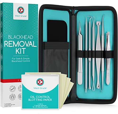 Medi Grade - Mitesserentferner Set [7-Teilig] - Pickel Ausdrücken Werkzeug - Blackhead Remover - Porenreiniger & Gesichtspflege Set zum Mitesser Entfernen - Komedonenquetscher und Mehr