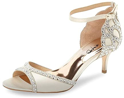 XYD Women's Sandals, Chic Peep Toe, D'Orsay Kitten Low Heels, Rhinestone Studs, Ankle Strap Satin Shoes for Wedding Ballroom (Size 9, Ivory)