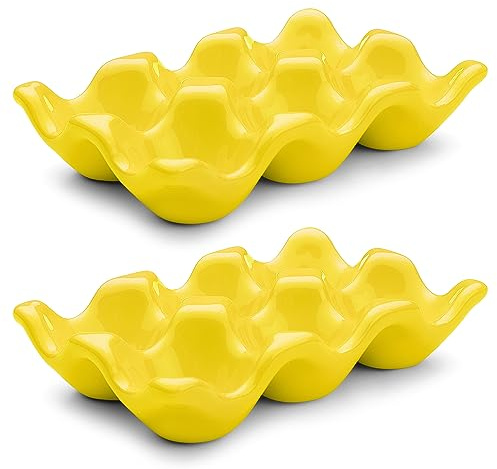 Flexzion Porcelain Egg Crate - 6-Egg Capacity Ceramic Egg Tray, Half Dozen Egg Holder for Fridge, Countertop Display - Yellow Decorative Serving Dish and Storage Organizer, 2 Pack