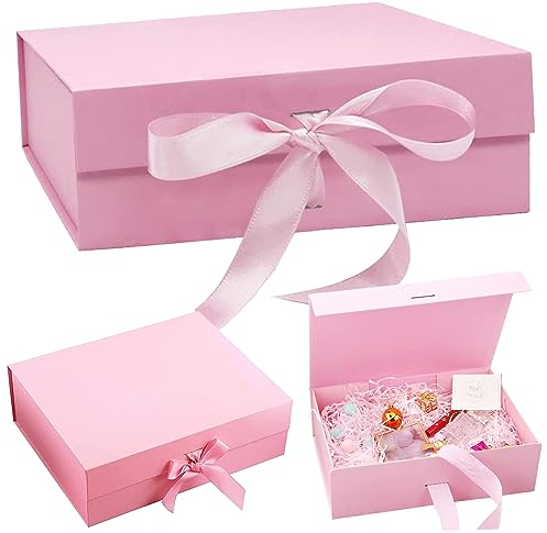 Presentask med rosett, 21 x 17 x 7 cm magnetisk presentlåda, presentlåda med lock, återanvändbar presentlåda, presentförpackning för bröllop, födelsedag, jul (rosa)