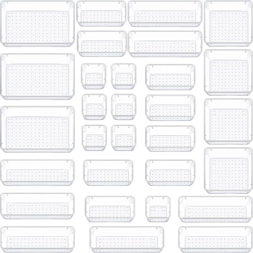 Collazoey 30 Organizer per cassetti trasparente con scatola,4 dimensioni Organizzatore per toeletta, organizer trasparente antiscivolo per trucchi per bagno, cosmetici, toeletta, cucina, ufficio