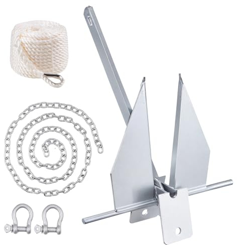 VEVOR Ancla Plana 4 kg Kit de Anclaje de Acero Galvanizado en Caliente con Cadena de 2,4 m Cuerda de 22,86 m y 2 Grilletes Ancla para Embarcaciones Pequeñas de Menos de 5,9m, Mares, Ríos, Costas