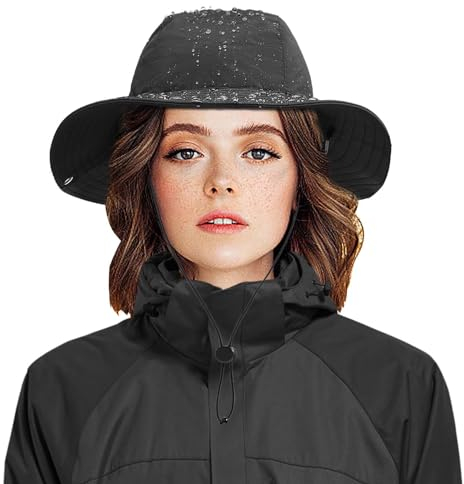 Wasserdichter Fischerhut für Herren und Damen, Winter, warm, mit Fleece gefüttert, breite Krempe, LSF 50+, Regenhüte mit Kinnriemen, verstaubar, winddicht, für Golf, Camping, Wandern, Angeln, Sport,