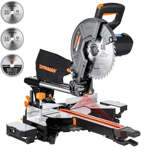DOVAMAN Updated 10-Inch Sliding Miter Saw, Multi-Material Cutting w/ 3 x TCT Blades, Ambidextrous Operation, 5000/3200RPM Speed, Laser Guide, 0-45° Bevel Cut, Max Cut 3.5x13.4in, 9 Positive Stops