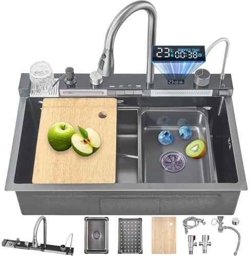 FGNIXLN 80cm Évier de cuisine à cascade intelligent multifonctionnel en acier inoxydable avec robinet intégré à affichage numérique, lave-tasse, distributeur de savon et ensemble d'accessoires d'évier
