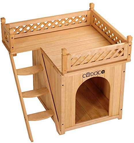 CADOCA® Wooden Pet House With Balcony And Stairs | Dog Cat Kitten Puppy | Indoor Outdoor | FSC®-Certified Wood | Room Cave protection Animal Rain Shelter