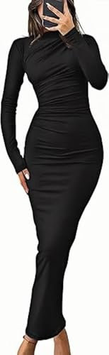 Haibanng Damen Langarm Maxikleid Figurbetontes Kleid Bodycon Elegante Kleider Sexy Rüschen Langarmkleid mit Stehkragen Vintage Freizeitkleid Stretch Abendkleid Partykleid Clubkleid Cocktailkleid