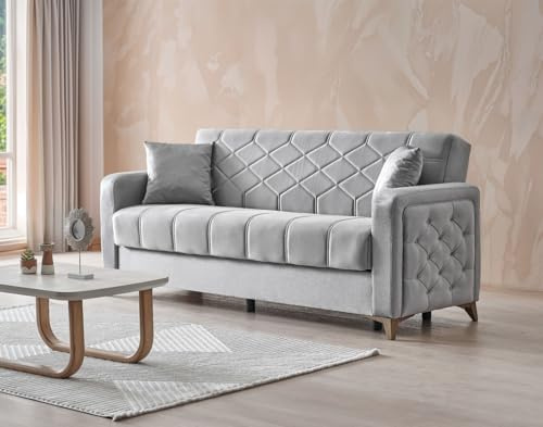 Stella Furniture Chesterfield 3 Seater Sofa Bed with Storage for Living Room - Convertible Three Seater Sofas & Couches with Cushions - Free Assembly & Delivery (3 Seater, Gray)