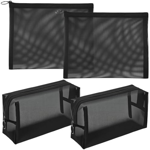 Nylon Mesh Cosmetic Zipper Bags, 4PCS Black Makeup Pouches Pen Pencil Organizer Case for Travel Purse Diaper Bag (Square Bag x 2pcs, Flat Bag x 2pcs)