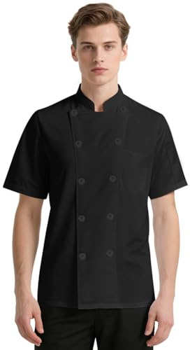 DiULi Chaquetas Cocinero Hombre, Chaquetilla de Chef Mujer, Camisa de Cocinero Manga Corta, Uniforme de Camisa con Botónes,Abrigo de Trabajo Camarero Unisex para Hosteleria,Cocina,Restaurante (Negro)