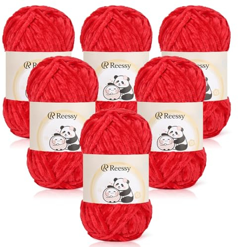Reessy Chenille Yarn 600g, Chunky Chenille Yarn for Crochet&Knitting-Red | Super Soft Fluffy Velvet Yarn, Chunky Knitting Wool Thick Yarn for Crochet Blanket, Amigurumi, Handbag, Hat, DIY Crafts