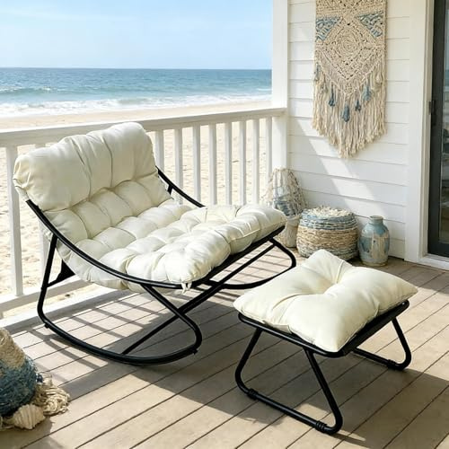Fauteuil à Bascule Œuf avec Repose-Pieds - Charge 150kg Chaise a Bascule Surdimensionnée, Rocking Chair Coussin Confortable Utilisation Intérieur/Extérieur pour Salon, Jardin, Balcon (Blanc)