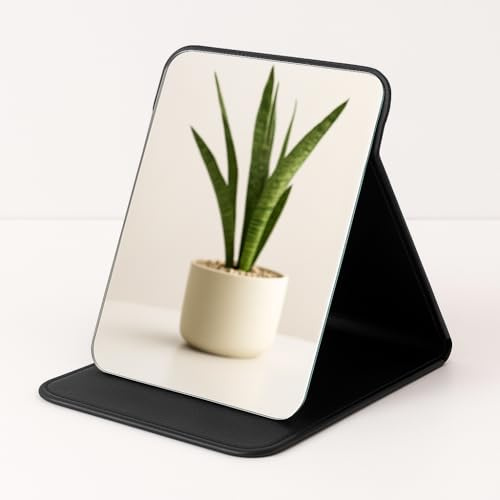 Portable Folding Makeup Mirror with Adjustable Stand, HD Glass, PU Leather Cover, Compact 16.5×11 cm Travel Tabletop Vanity Mirror for Desk, Handbag, Home, Office and On-the-Go Touch-Ups