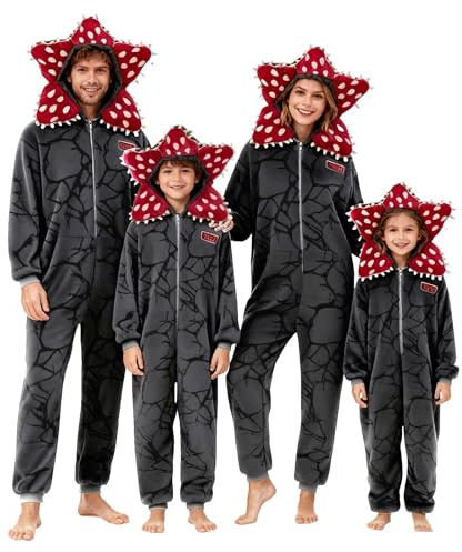 Générique Pyjama D-Demogorgons Combinaison Unisexe Famille Pyjama Hooded de Déguisement Fleurs D-Demogorgons Onesie avec Capuche Parfait pour Cosplay et d'autres Occasions (01-1-Black, 12-13 Years)