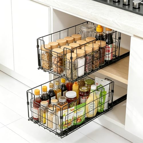 VINATO Pack of 2 Telescopic Drawers, Extendable Drawers & Cupboard Organiser for Kitchen, Base Cabinet, Bathroom, Drawer Shelves Push Out, No Drilling and Nailing, 35 x 21.5 x 16 cm