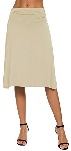 EXCHIC Dam elegant hög midja A-linje knälängd yoga kjol elastisk midja veck flödande midikjolar, kamel, XL