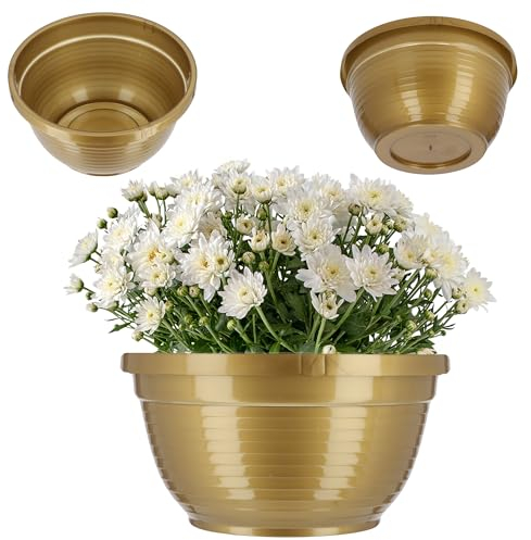 KADAX Cuenco de plástico, redondo, resistente a la intemperie para exteriores, cuenco para tumbas, cuenco ligero para flores, cuenco para plantas (diámetro: 13 cm, dorado)