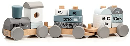 KIDSLINO Ferrovia in legno blu – personalizzabile, per nascita, ragazzo, giocattolo in legno fatto a mano con stampini, regali personalizzati per bambini, treno in legno con nome e date di nascita