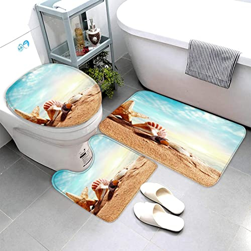 AOLIGL Badematte Beach Shell,Blue Ocean Badematten Set rutschfest Waschbar Badgarnitur 3teilig - WC Deckelbezug U-förmigen Contour Badezimmerteppich Matte Flauschige Mikrofaser