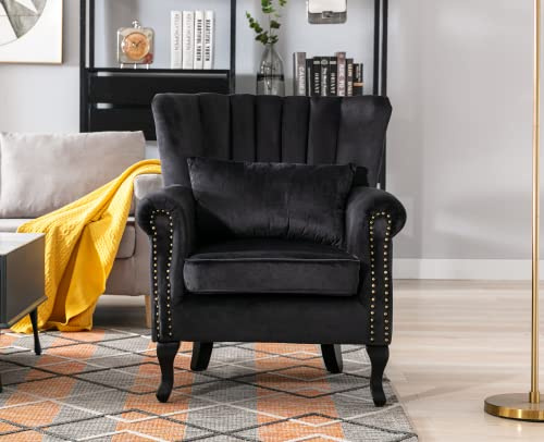Kmax Black Accent Chair Velvet Wingback Chair with Pillow Nail-Head Channel Tufted Oversized Club Chair for Living Room Bedroom Guest Room