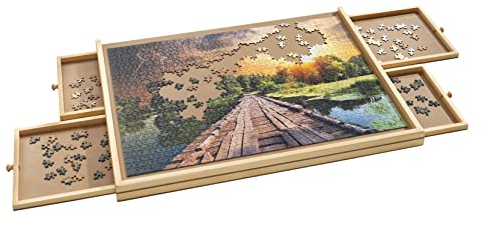 Holz Puzzlebrett mit 4 Schubladen - 70 x 50 cm - Puzzleunterlage für bis zu 1000 Teile - Puzzle Tisch Unterlage ausziehbar
