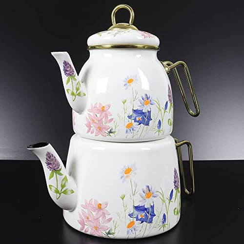Vintage turkisk tekanna tekannor vattenkokare set för spishäll spis topp dekorativ infusionsfest koppar glasögon bricka blommig unik panna samovar sil lösa blad kök stil emalj dekor