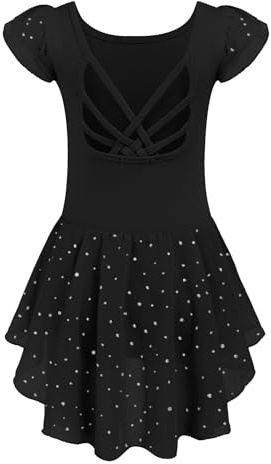 Arshiner Abito da Ballo Bambina Manica Corta Abito da Balletto Girocollo Abbigliamento da Balletto Abito da Balletto in Cotone Nero Body da Ballo Ballerina di Halloween con tutù 5-6 Anni