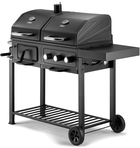 VonHaus Hybrid Dual Fuel BBQ – 2 in 1 Charcoal & Gas Barbecue with Warming Rack, Fold Down Shelf, Temperature Gauges, Wheels, Large Cooking Grills – Barbeque and Smoker – Grill Meat, Fish & Vegetables