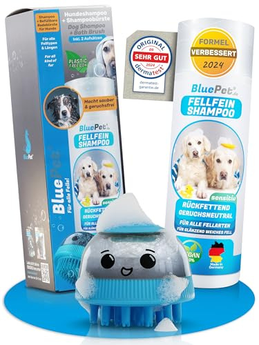BluePet Shampooing pour Chiens Sensible & Inodore - Fabriqué en Allemagne - Relipidant avec Aloe Vera & Huile de jojoba pour Un Pelage Brillant (Shampooing + Brosse de Bain Rechargeable)