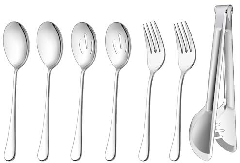 Sweetfamily Stainless Steel Serving Utensils - Large Spoons, Slotted Spoons, Forks, Tongs - Buffet Catering Banquet Party Sets - Dishwasher Safe