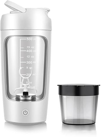 Mezclador de Proteinas Eléctrica, 650ML Vaso Shaker Portable, Recargable por USB, Mezcladora automática de proteínas con con Caja de Polvos, Mezcladora de Tazas para Batidos de Proteínas (Blanco)