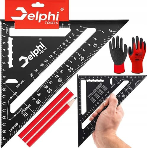 DELPHI Équerre de charpentier - 180 mm - Angle de 90 ° - Triangle épais - Rapporteur d'angle pour angle précis - Avec crayons et gants (noir, 180 mm)