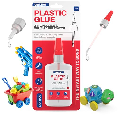 GH1200 (2-IN-1) Plastic Glue with Brush Applicator & Nozzle, Fine Superglue for Plastic, Instant Model Glue for Toys, Crafts, DIY & more